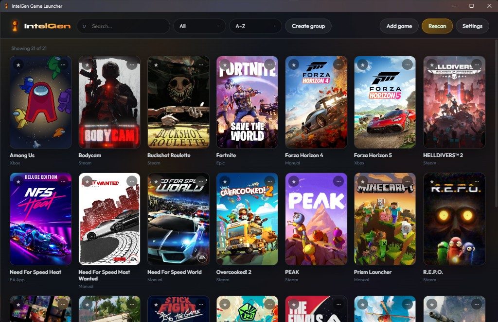 IntelGen Game Launcher library grid